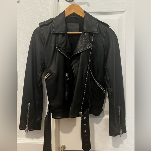 All Saints Black Balfern Belted Hem Leather Biker Jacket Size 2 - Picture 12 of 13